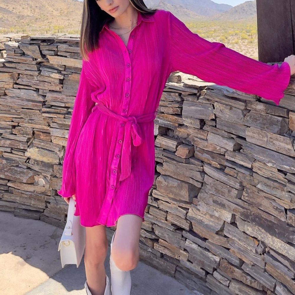 Peppermayo pink pleated long sleeve dress